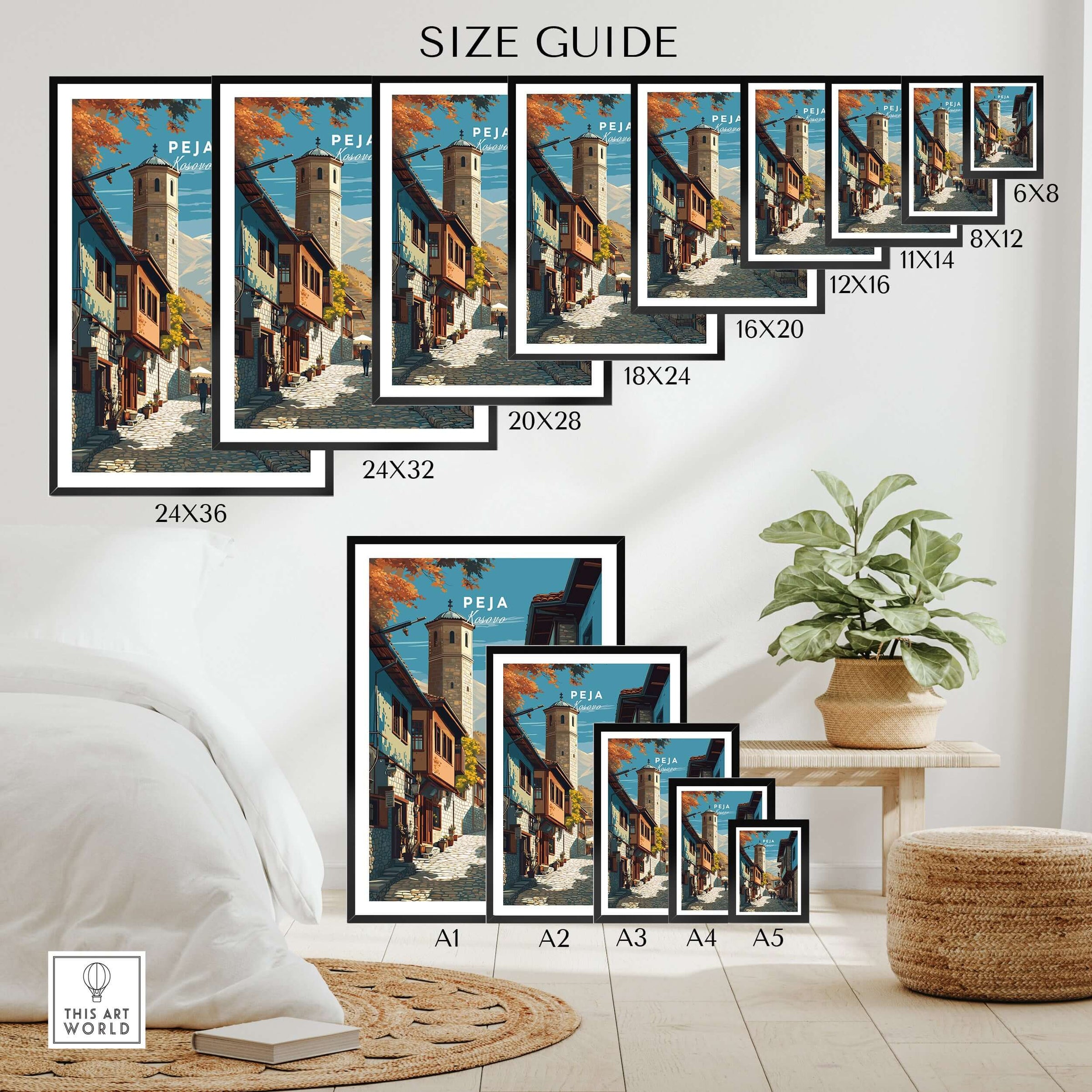 Peja Canvas Print | Balkan City Wall Art size guide showcasing various print sizes for home decor.