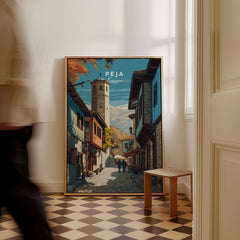 Peja Canvas Print | Balkan City Wall Art featuring a vibrant street scene in a cozy interior setting.