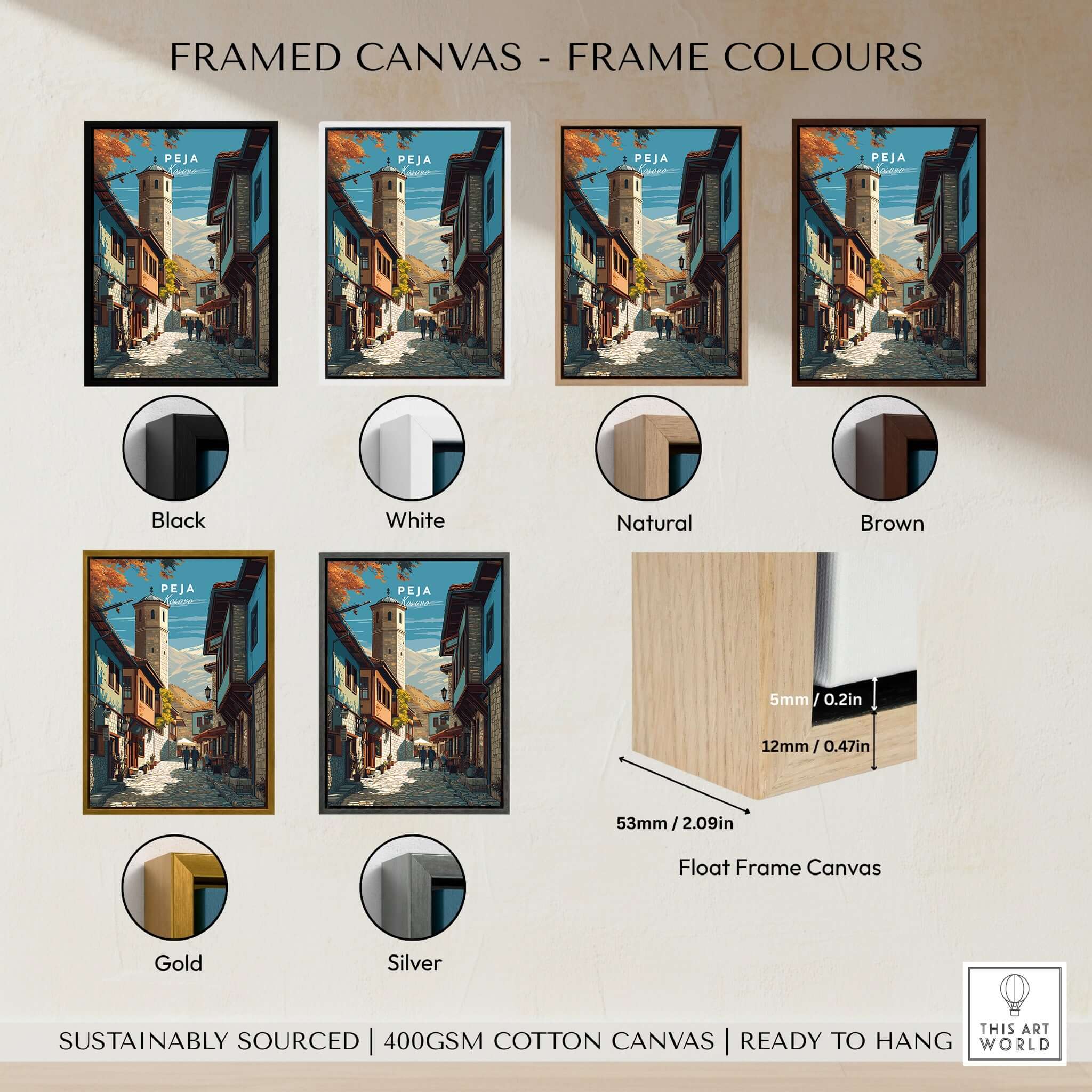 Peja Canvas Print | Balkan City Wall Art framed color options including Black, White, Natural, Brown, Gold, and Silver.