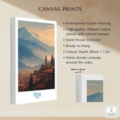 Peja Kosovo Mountain Town Art Print | Rugova Valley Panorama Poster showcasing professional Giclée printing and solid wood stretcher.
