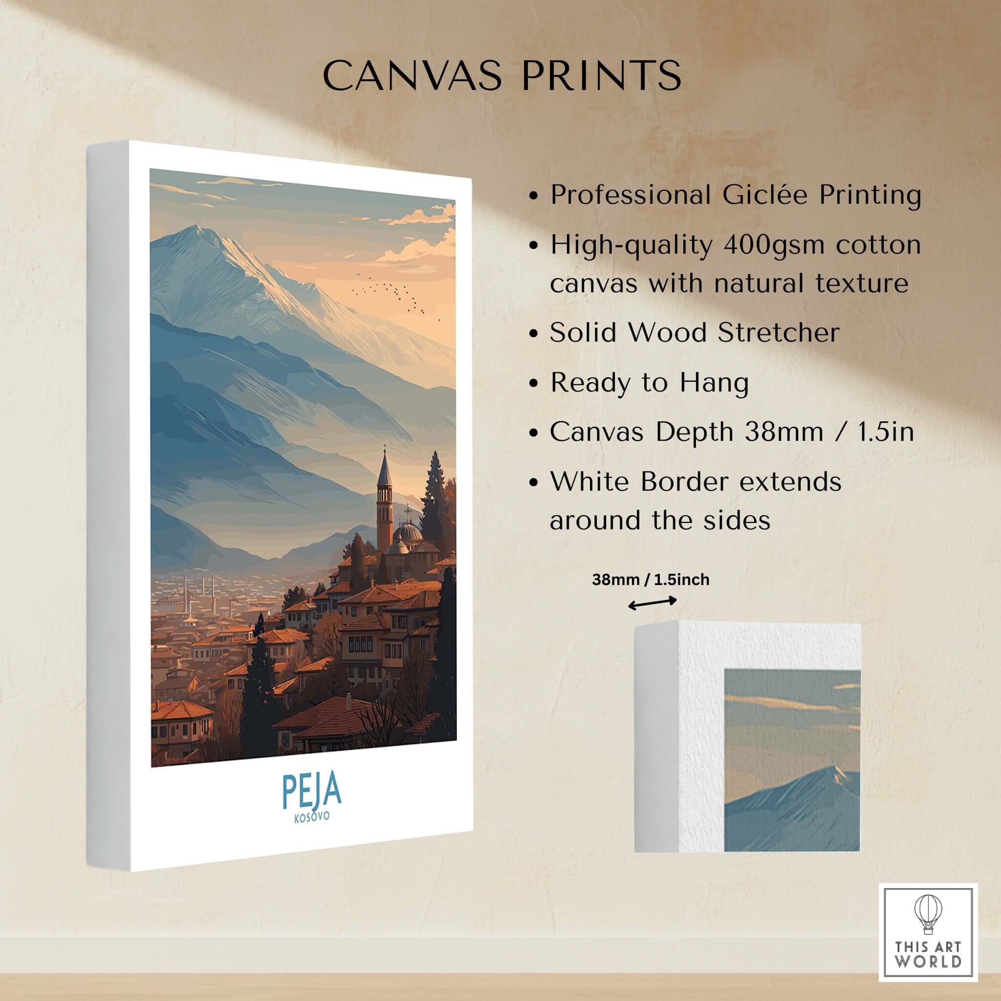 Peja Kosovo Mountain Town Art Print | Rugova Valley Panorama Poster showcasing professional Giclée printing and solid wood stretcher.
