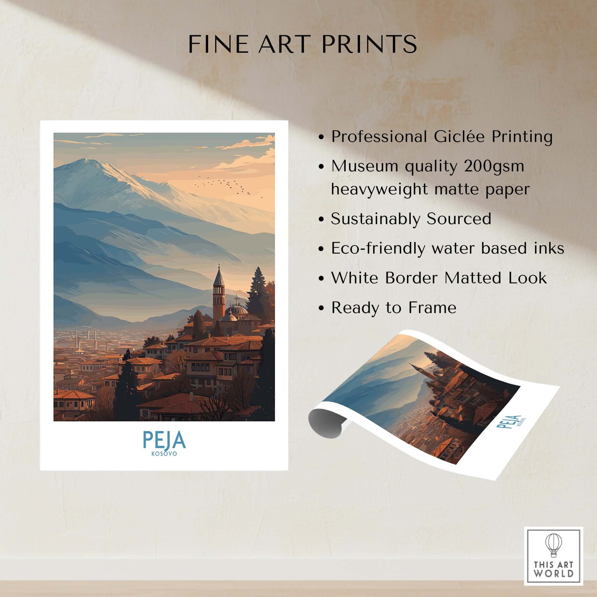 Peja Kosovo Mountain Town Art Print | Rugova Valley Panorama Poster showcasing professional Giclée printing and museum-quality paper.