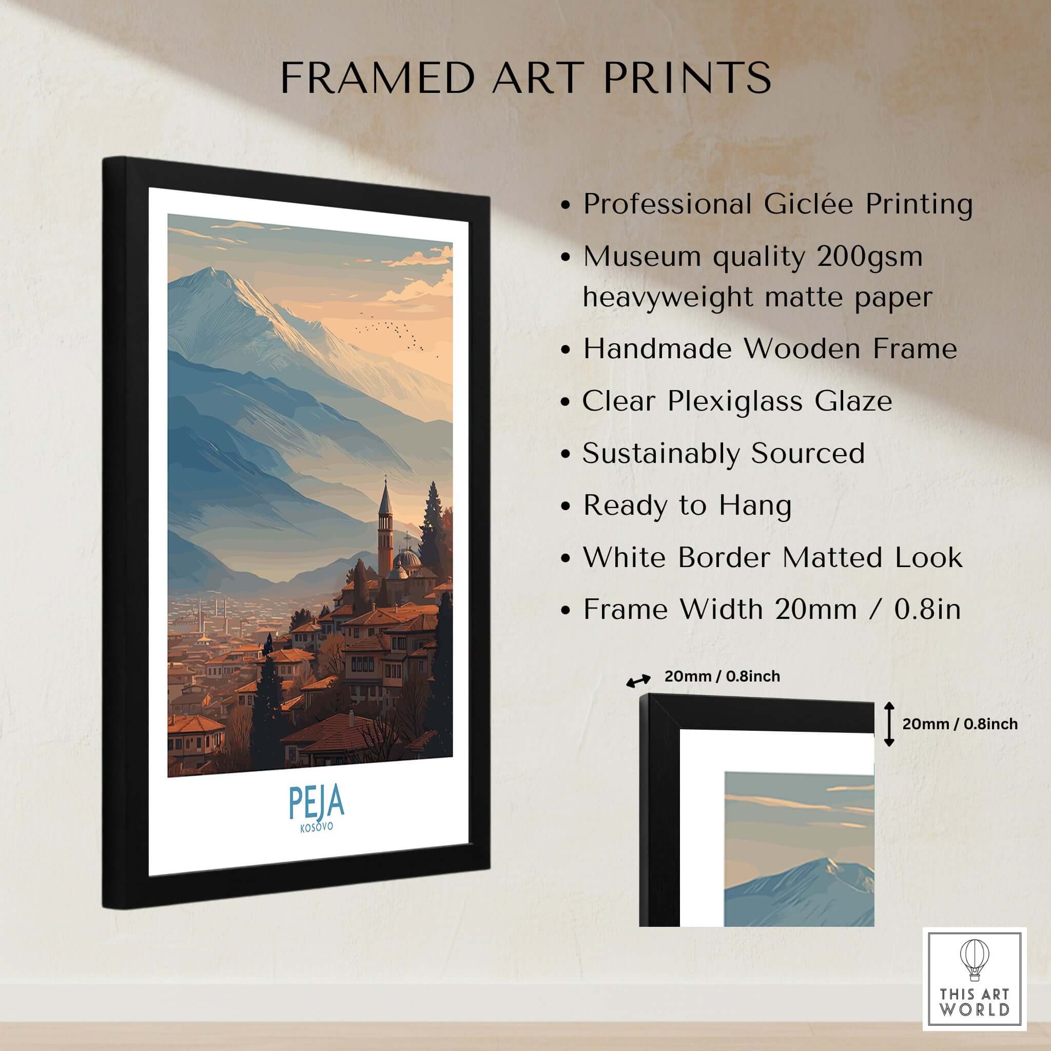 Peja Kosovo Mountain Town Art Print | Rugova Valley Panorama Poster displayed in a black frame with details.