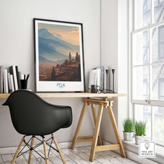 Peja Kosovo Mountain Town Art Print | Rugova Valley Panorama Poster displayed in a modern workspace.