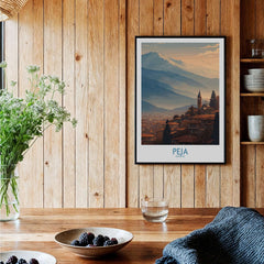 Peja Kosovo Mountain Town Art Print | Rugova Valley Panorama Poster displayed in a cozy interior with wooden walls.