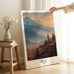 Peja Kosovo Mountain Town Art Print | Rugova Valley Panorama Poster displayed in a sunny room with natural elements.