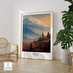 Peja Kosovo Mountain Town Art Print | Rugova Valley Panorama Poster displayed in a modern interior setting.