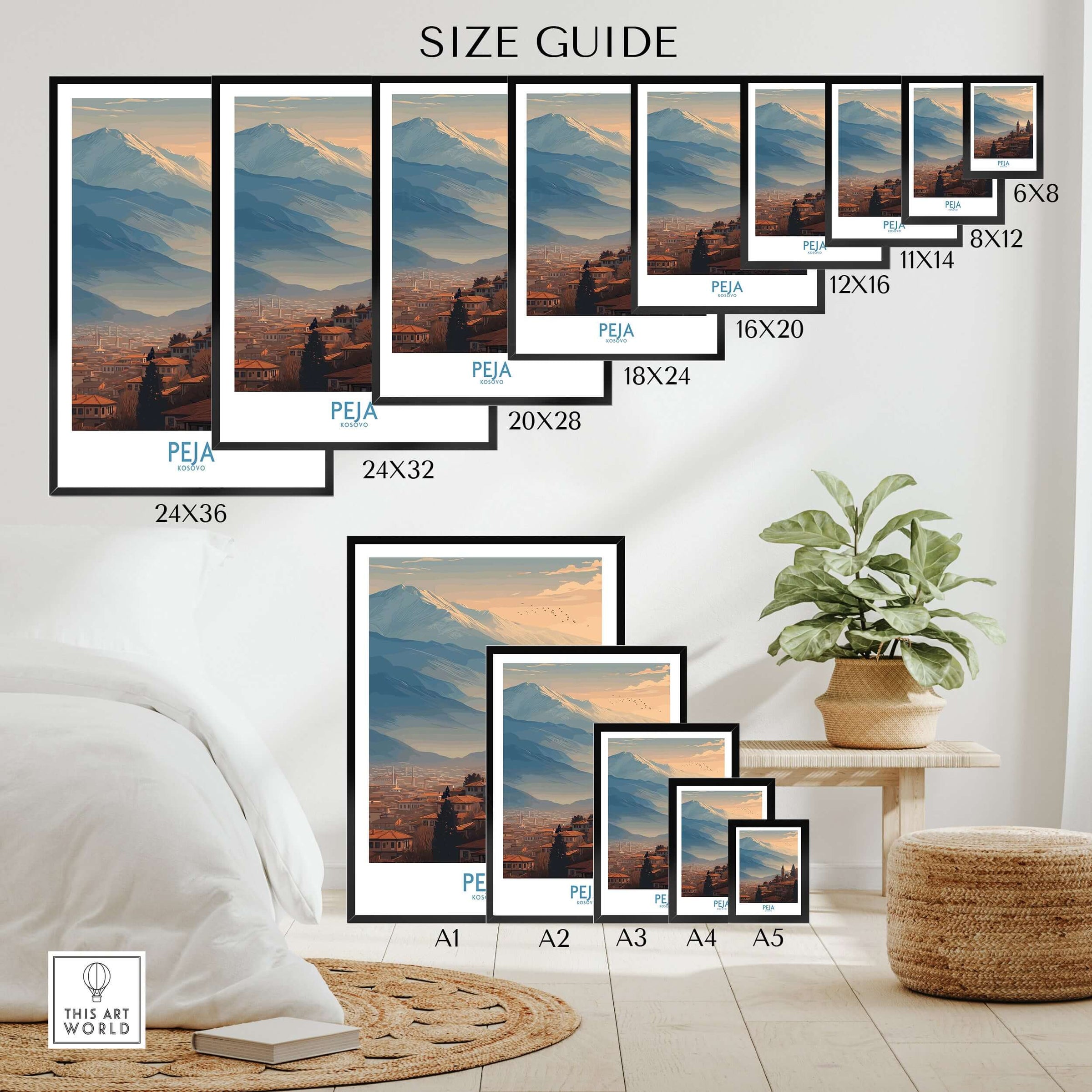Peja Kosovo Mountain Town Art Print | Rugova Valley Panorama Poster size guide displayed in various frame dimensions.