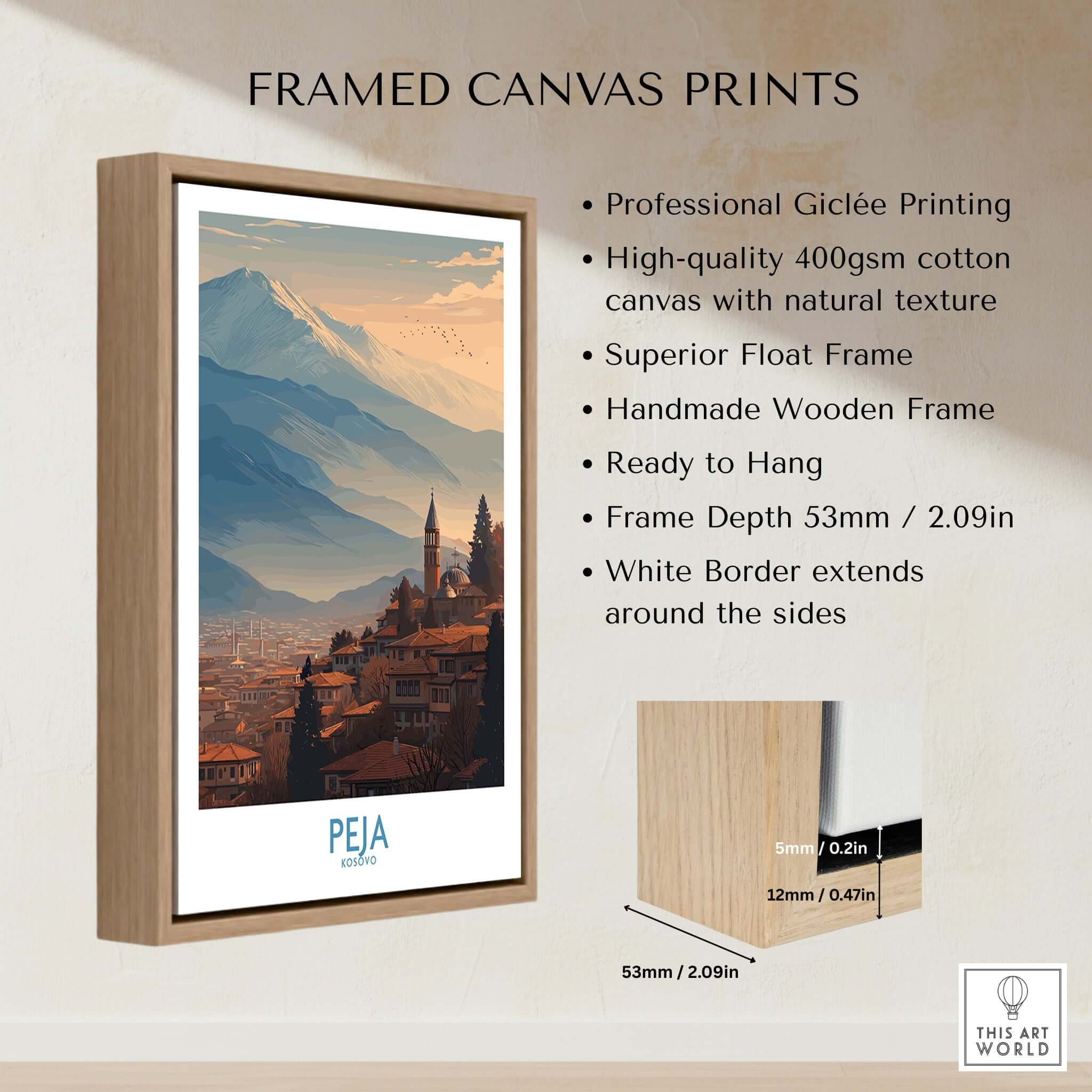 Peja Kosovo Mountain Town Art Print | Rugova Valley Panorama Poster in a stylish frame with natural wood finish.