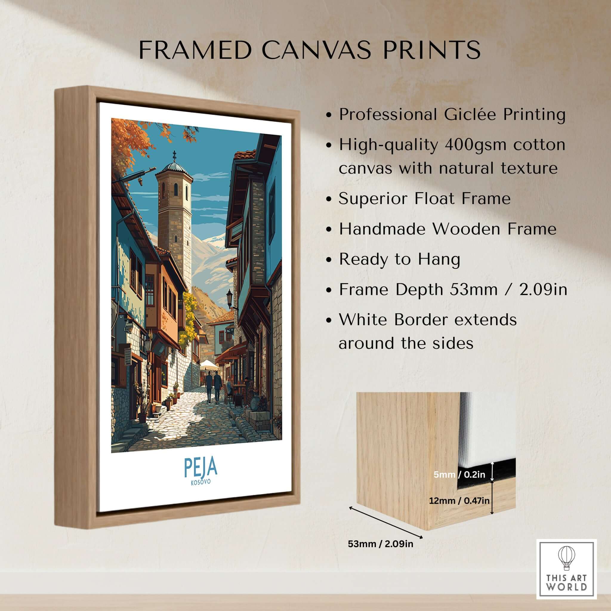Peja Kosovo Old Town Street Art Print | Historic Tower View Poster framed canvas print with hanging details.