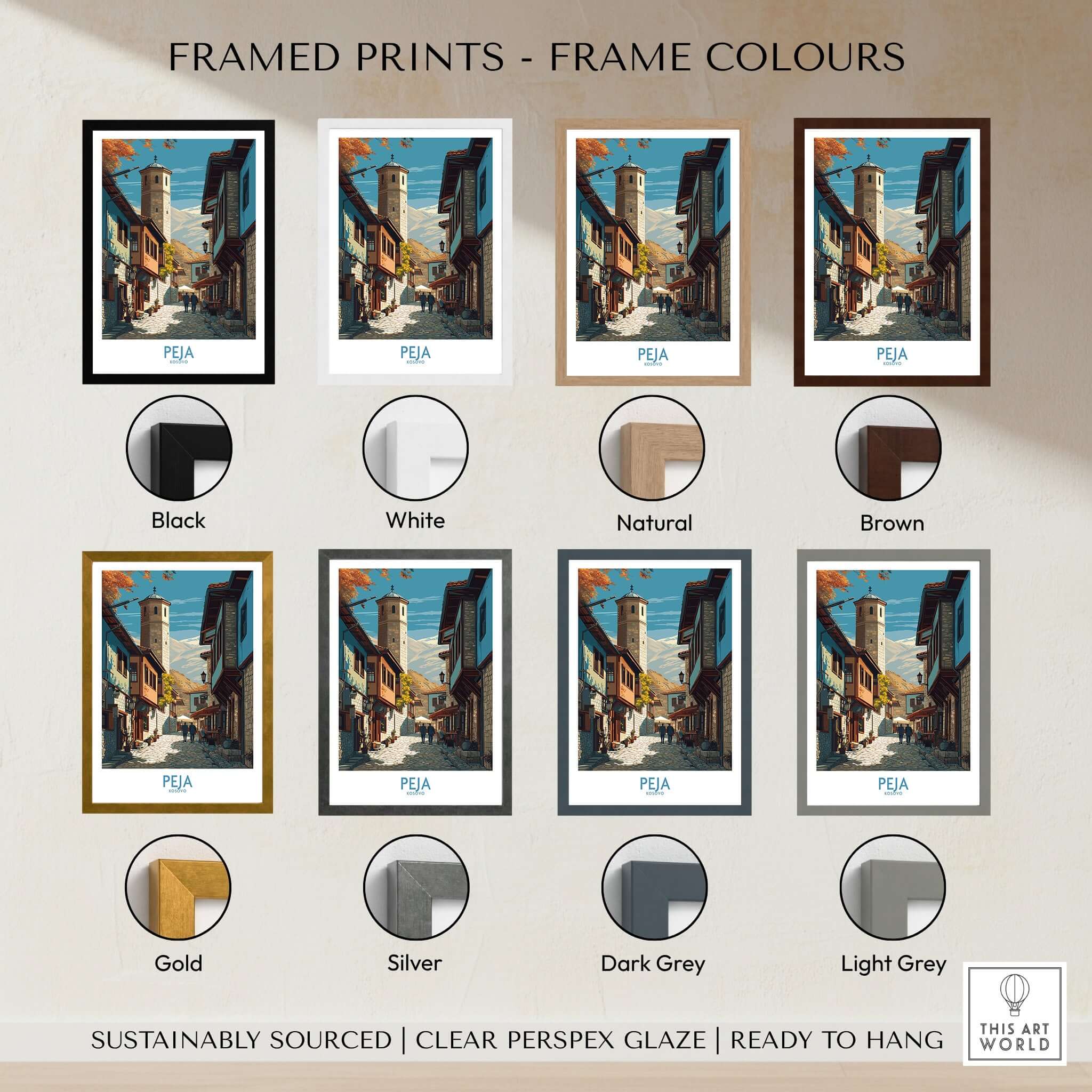 Peja Kosovo Old Town Street Art Print | Historic Tower View Poster framed print color options display