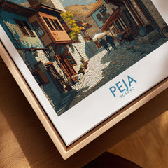 Peja Kosovo Old Town Street Art Print | Historic Tower View Poster with charming architecture and cobblestone street.