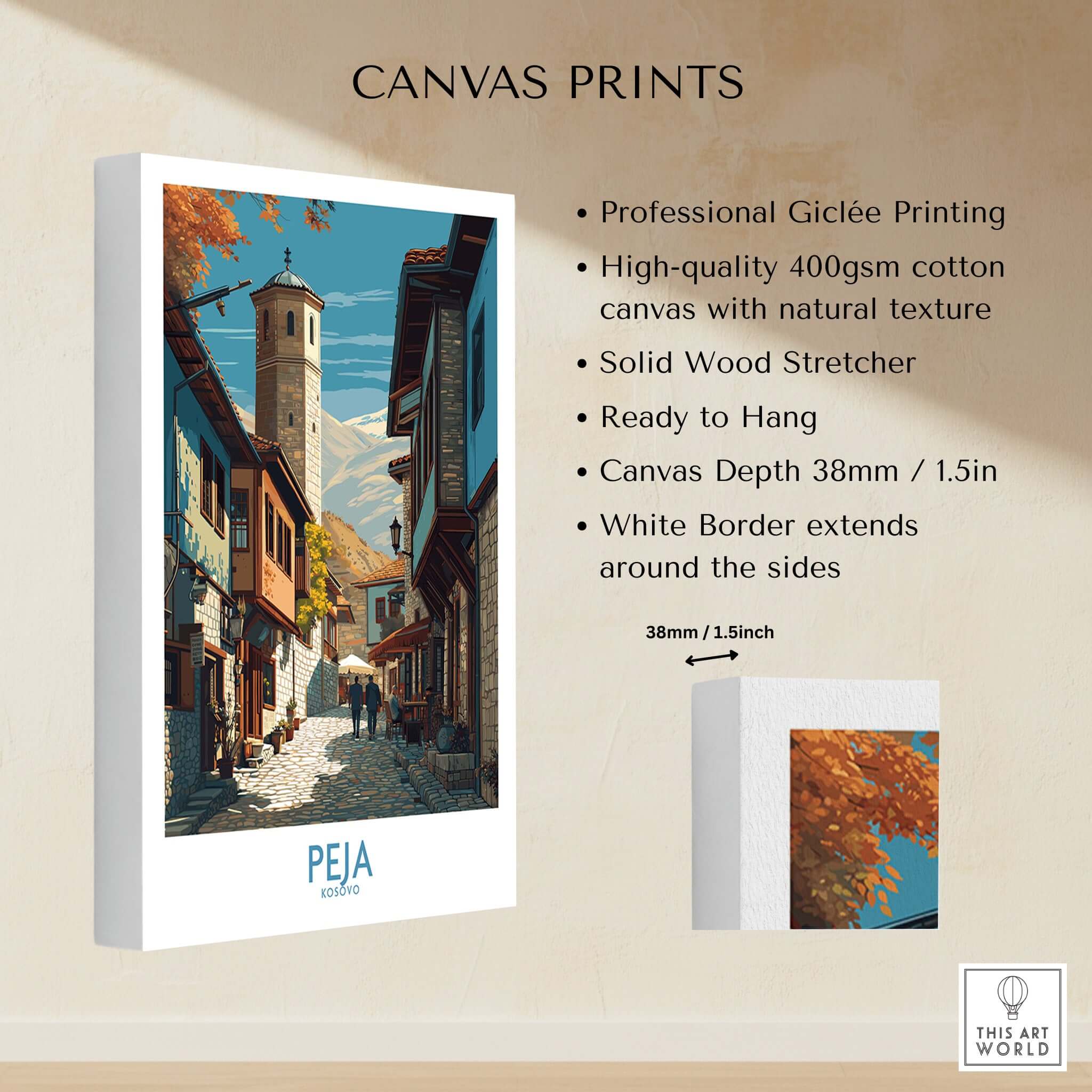 Peja Kosovo Old Town Street Art Print | Historic Tower View Poster showcasing street art in Peja's historic town.