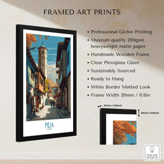 Peja Kosovo Old Town Street Art Print | Historic Tower View Poster framed with clear glaze and white border.