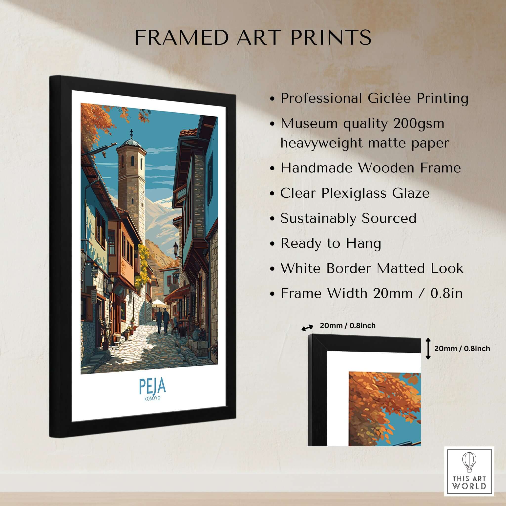 Peja Kosovo Old Town Street Art Print | Historic Tower View Poster framed with clear glaze and white border.