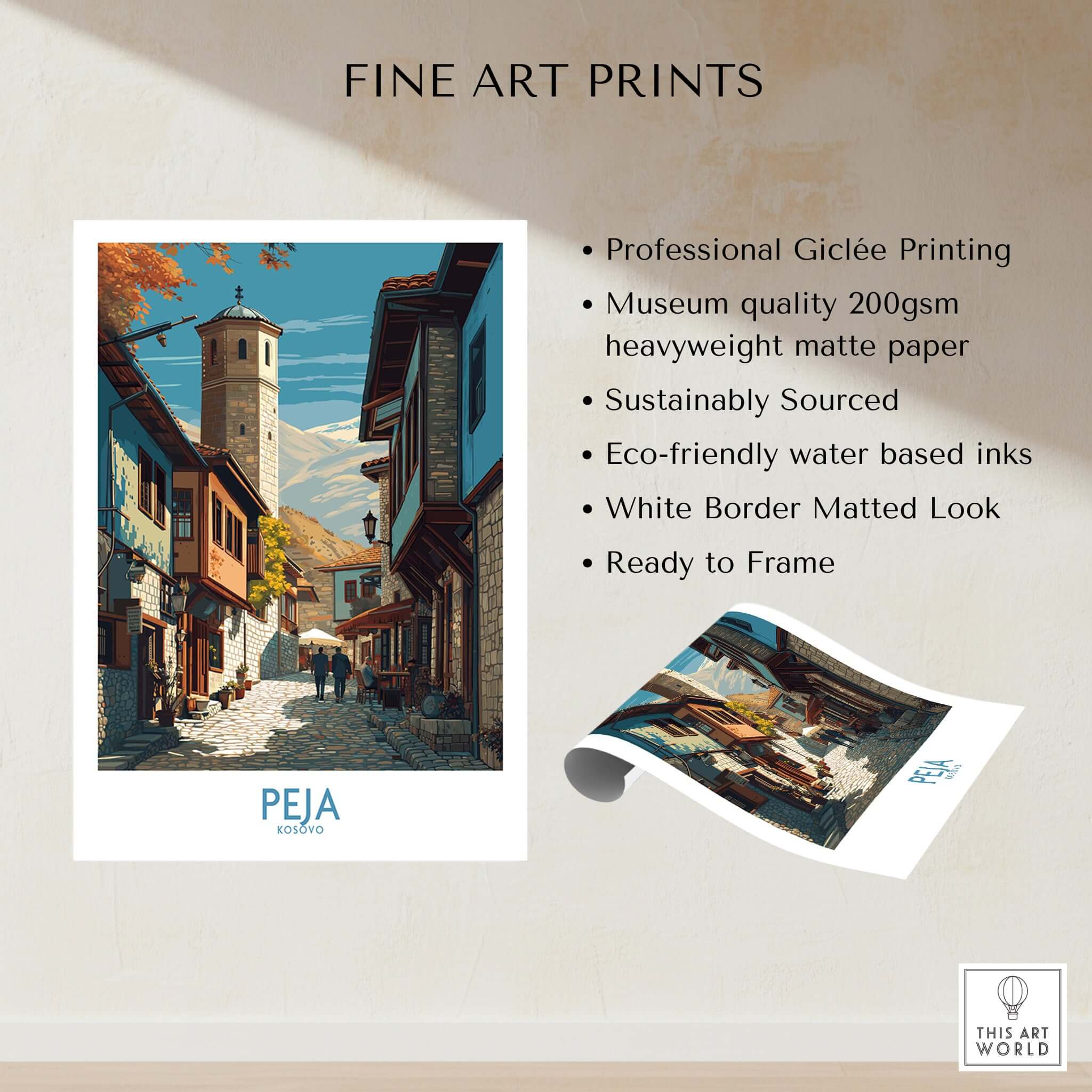 Peja Kosovo Old Town Street Art Print | Historic Tower View Poster displayed with details about fine art prints.