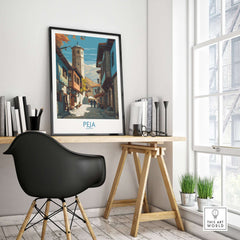 Peja Kosovo Old Town Street Art Print | Historic Tower View Poster displayed in a contemporary interior setting.