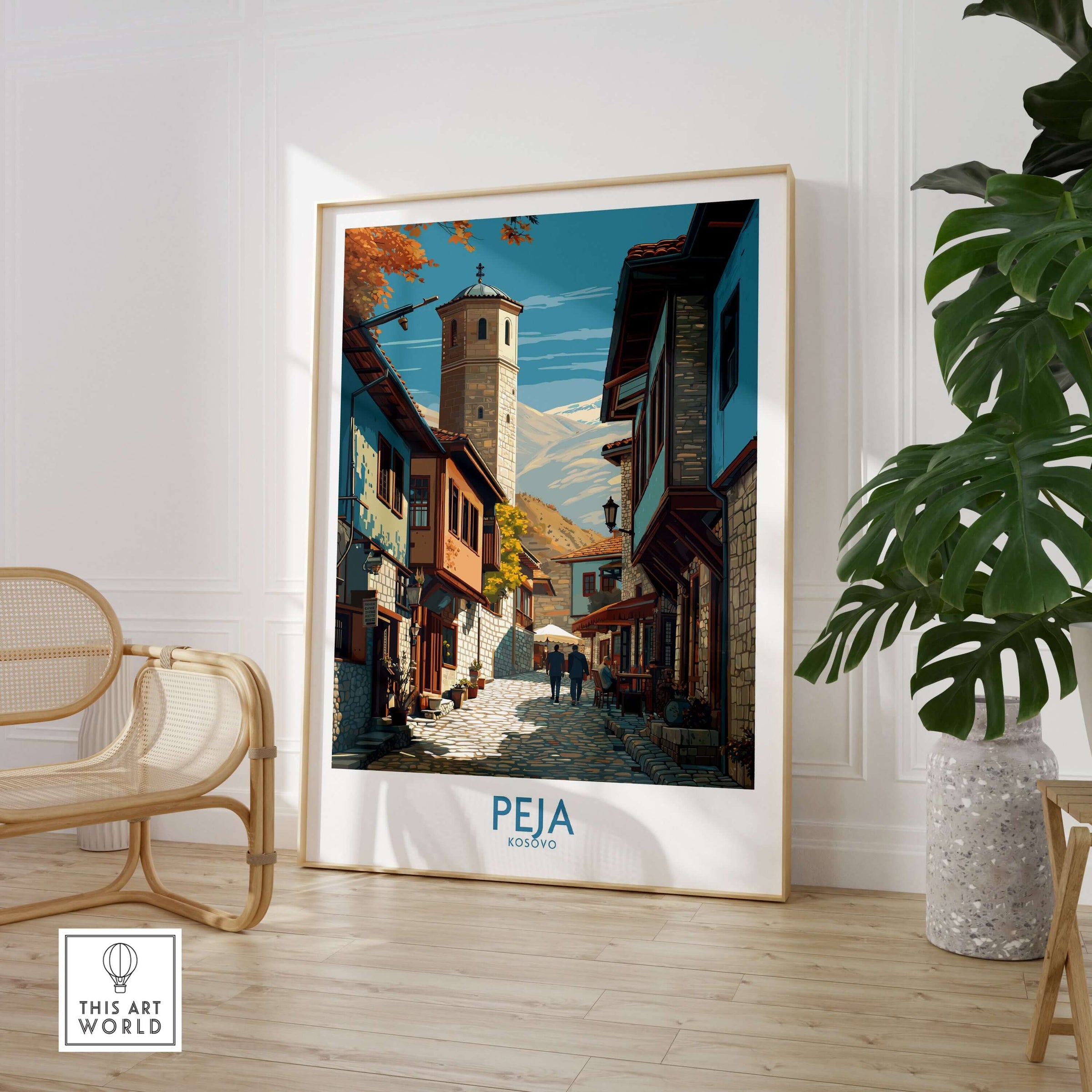 Peja Kosovo Old Town Street Art Print | Historic Tower View Poster displayed in a cozy interior setting.