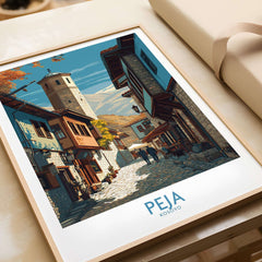 Peja Kosovo Old Town Street Art Print | Historic Tower View Poster showcasing charming architecture and historic tower in Peja.
