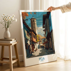 Peja Kosovo Old Town Street Art Print | Historic Tower View Poster featuring charming architecture and historic tower.