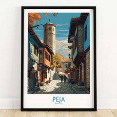 Peja Kosovo Old Town Street Art Print | Historic Tower View Poster featuring charming architecture and an iconic tower.
