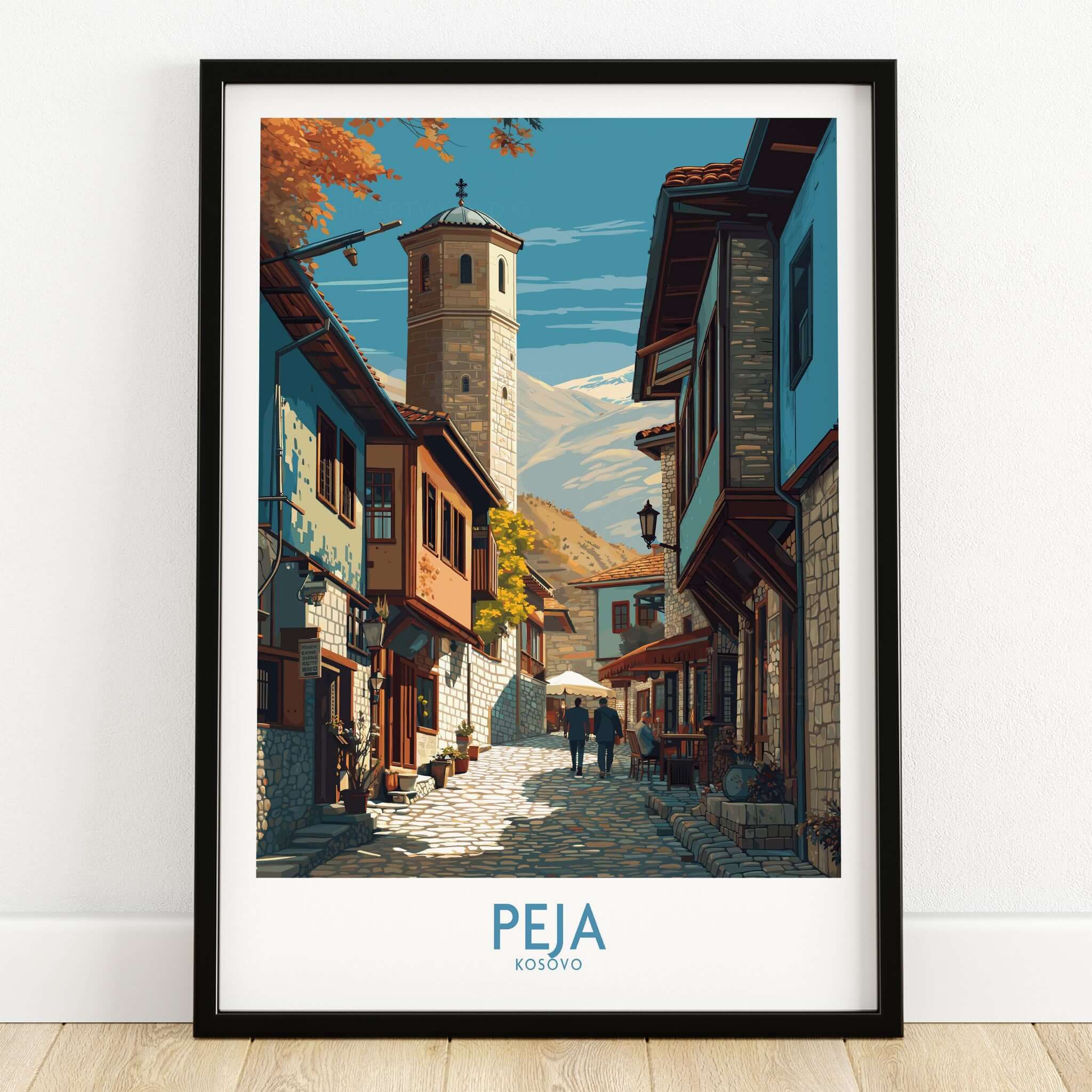 Peja Kosovo Old Town Street Art Print | Historic Tower View Poster featuring charming architecture and an iconic tower.
