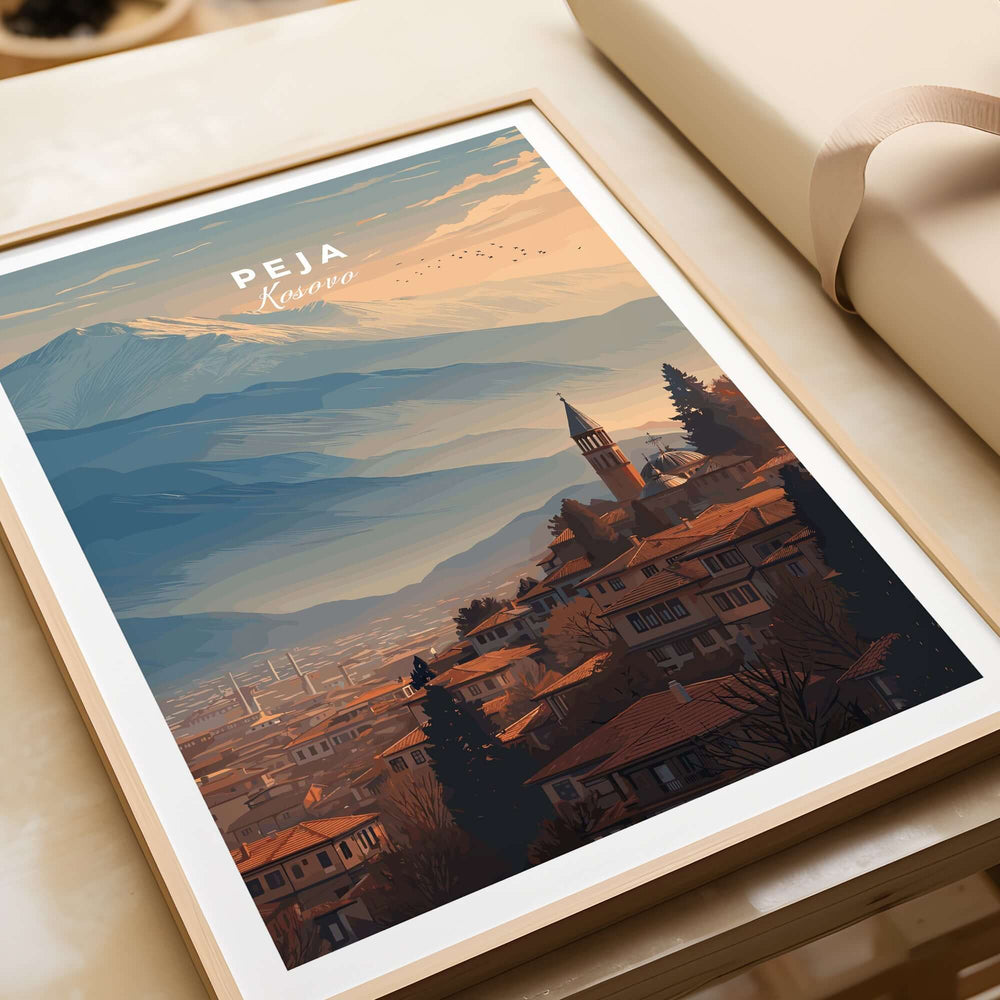 Peja Red Rooftops and Snow Mountain Canvas Print | Balkan Travel Decor featuring a scenic view of Peja, Kosovo.