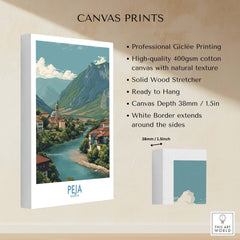 Peja Kosovo River Valley Art Print | Mountain Town Scenery Poster showcasing a picturesque landscape on high-quality canvas.