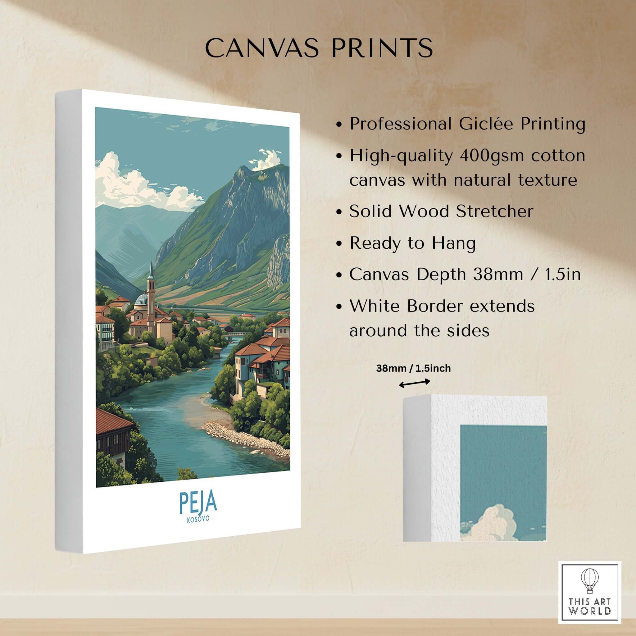 Peja Kosovo River Valley Art Print | Mountain Town Scenery Poster showcasing a picturesque landscape on high-quality canvas.