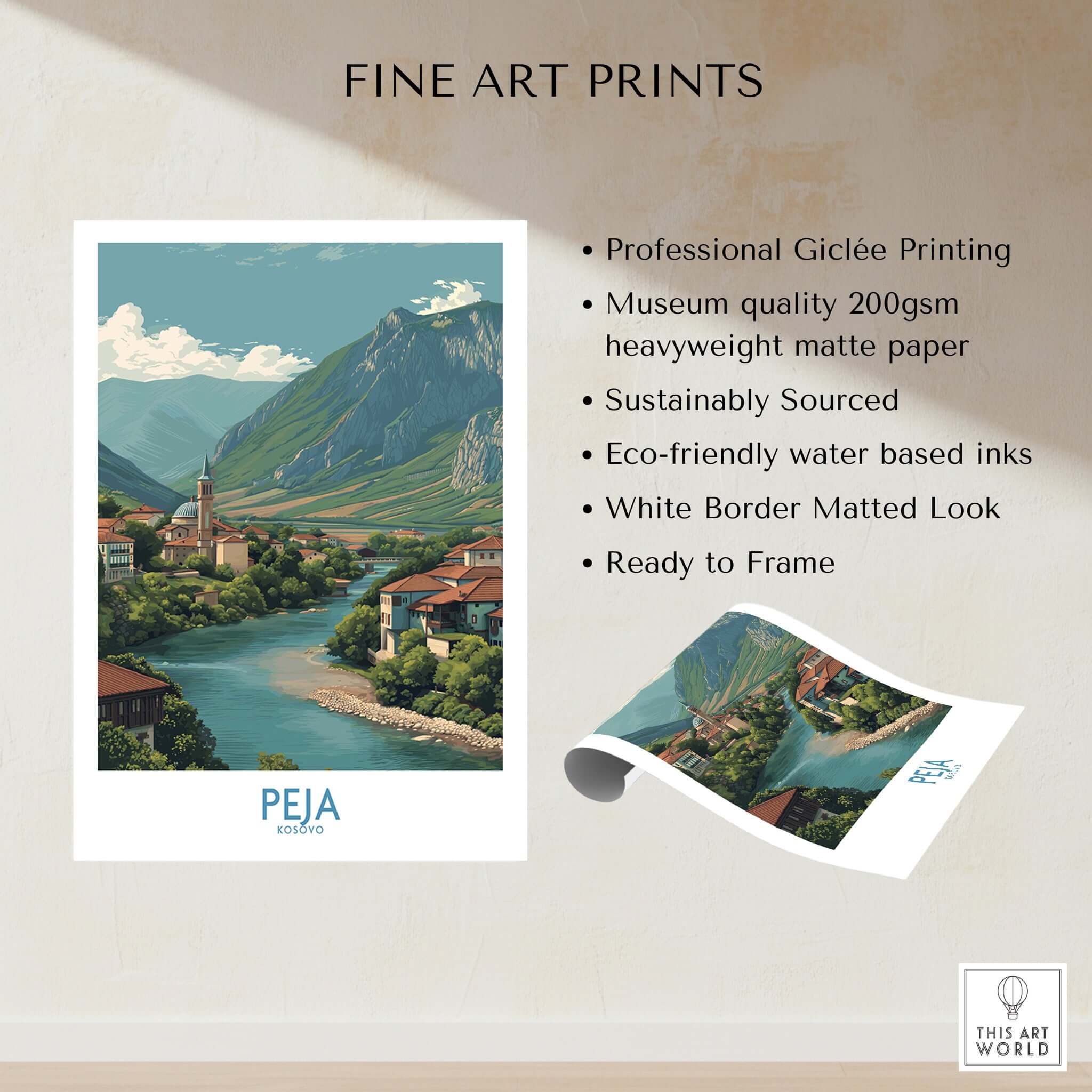Peja Kosovo River Valley Art Print | Mountain Town Scenery Poster showcasing vibrant landscape and serene river.