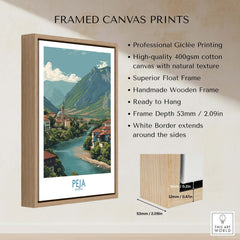 Peja Kosovo River Valley Art Print | Mountain Town Scenery Poster displayed in a framed canvas print with natural texture.
