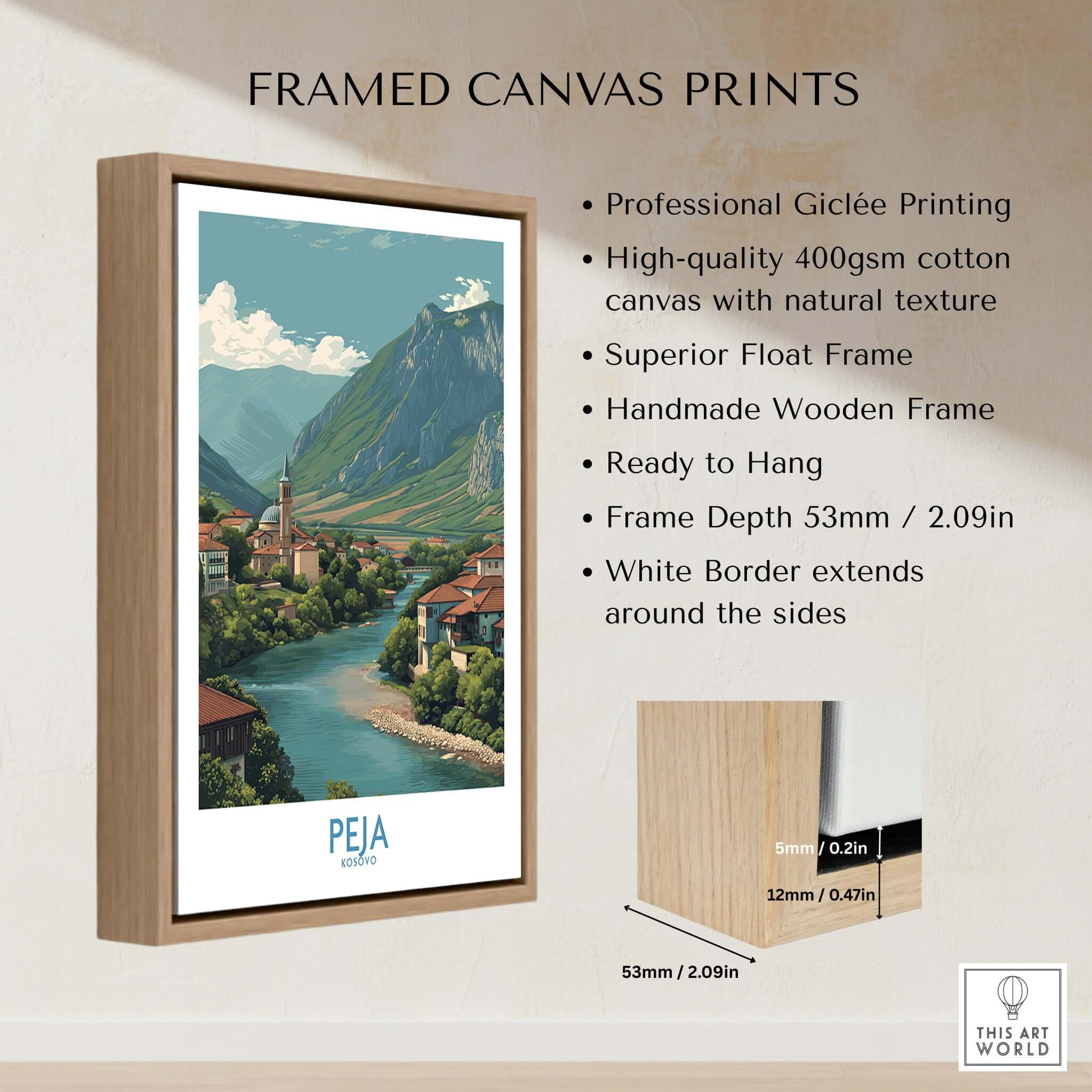 Peja Kosovo River Valley Art Print | Mountain Town Scenery Poster displayed in a framed canvas print with natural texture.