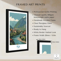 Peja Kosovo River Valley Art Print | Mountain Town Scenery Poster framed with clear Plexiglass and handmade wooden frame.