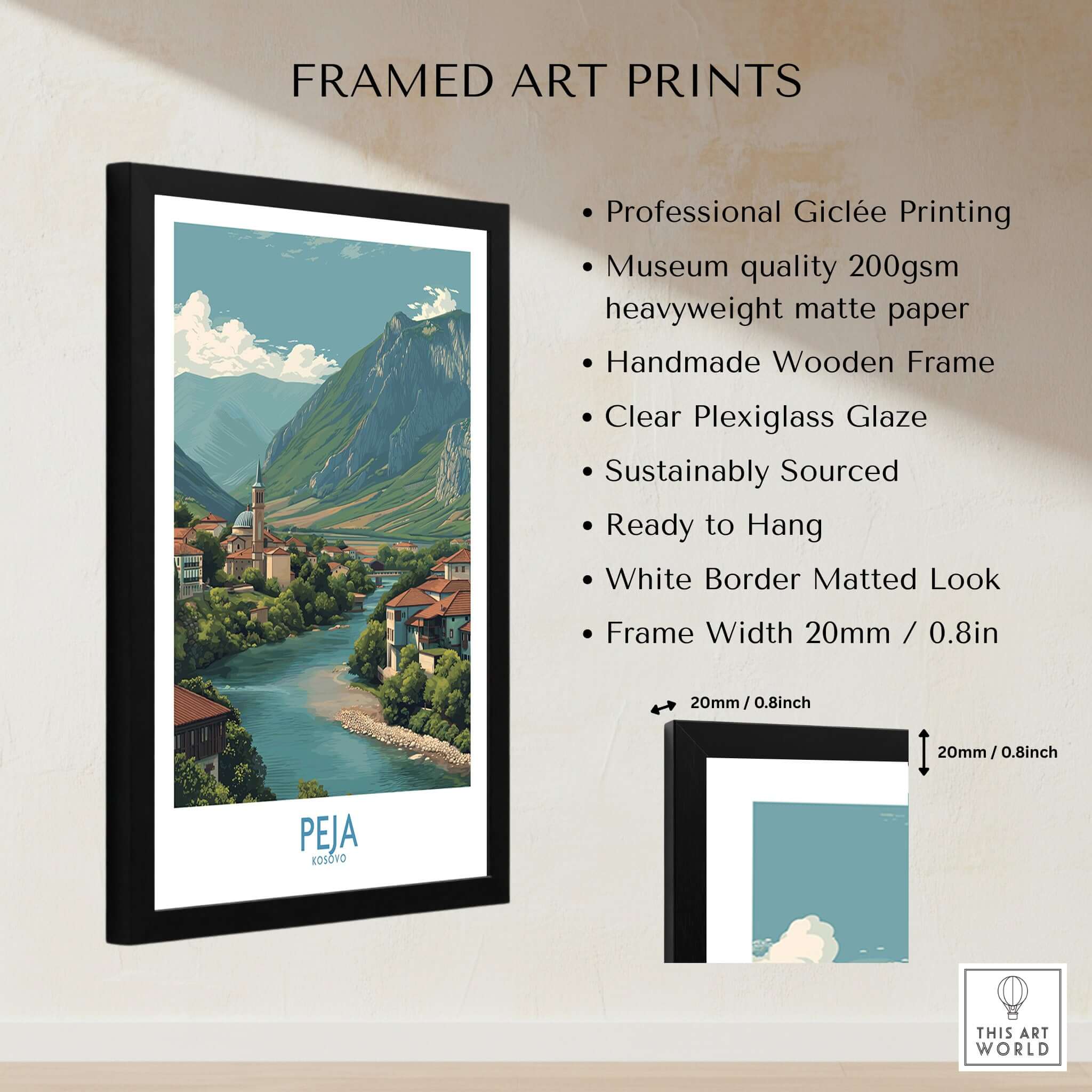 Peja Kosovo River Valley Art Print | Mountain Town Scenery Poster framed with clear Plexiglass and handmade wooden frame.