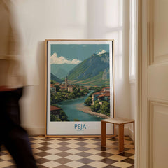 Peja Kosovo River Valley Art Print | Mountain Town Scenery Poster displayed in a stylish interior.