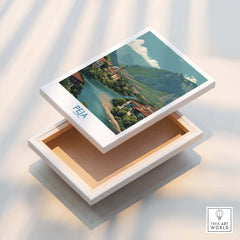 Peja Kosovo River Valley Art Print | Mountain Town Scenery Poster displayed on a box, showcasing stunning landscape art.