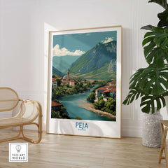 Peja Kosovo River Valley Art Print | Mountain Town Scenery Poster showcasing a vibrant mountain town and river.