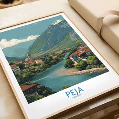 Peja Kosovo River Valley Art Print | Mountain Town Scenery Poster showcasing a scenic landscape with mountains and a river.