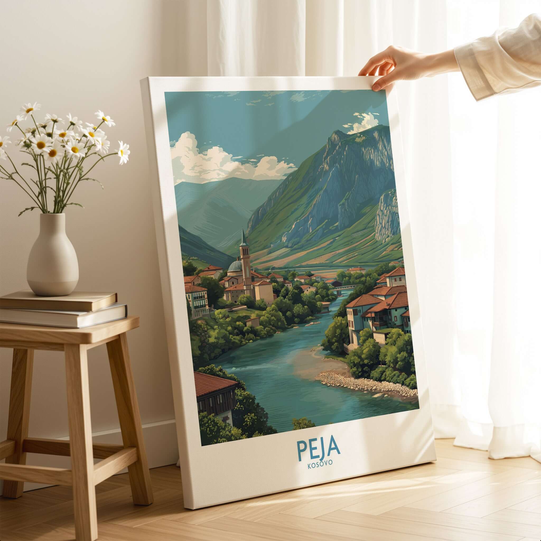 Peja Kosovo River Valley Art Print | Mountain Town Scenery Poster displayed in a cozy living room setting.
