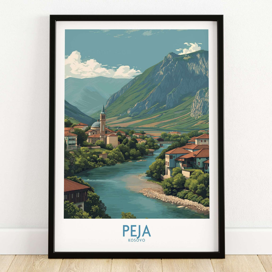 Peja Kosovo River Valley Art Print | Mountain Town Scenery Poster showcasing serene landscape with river and mountains.