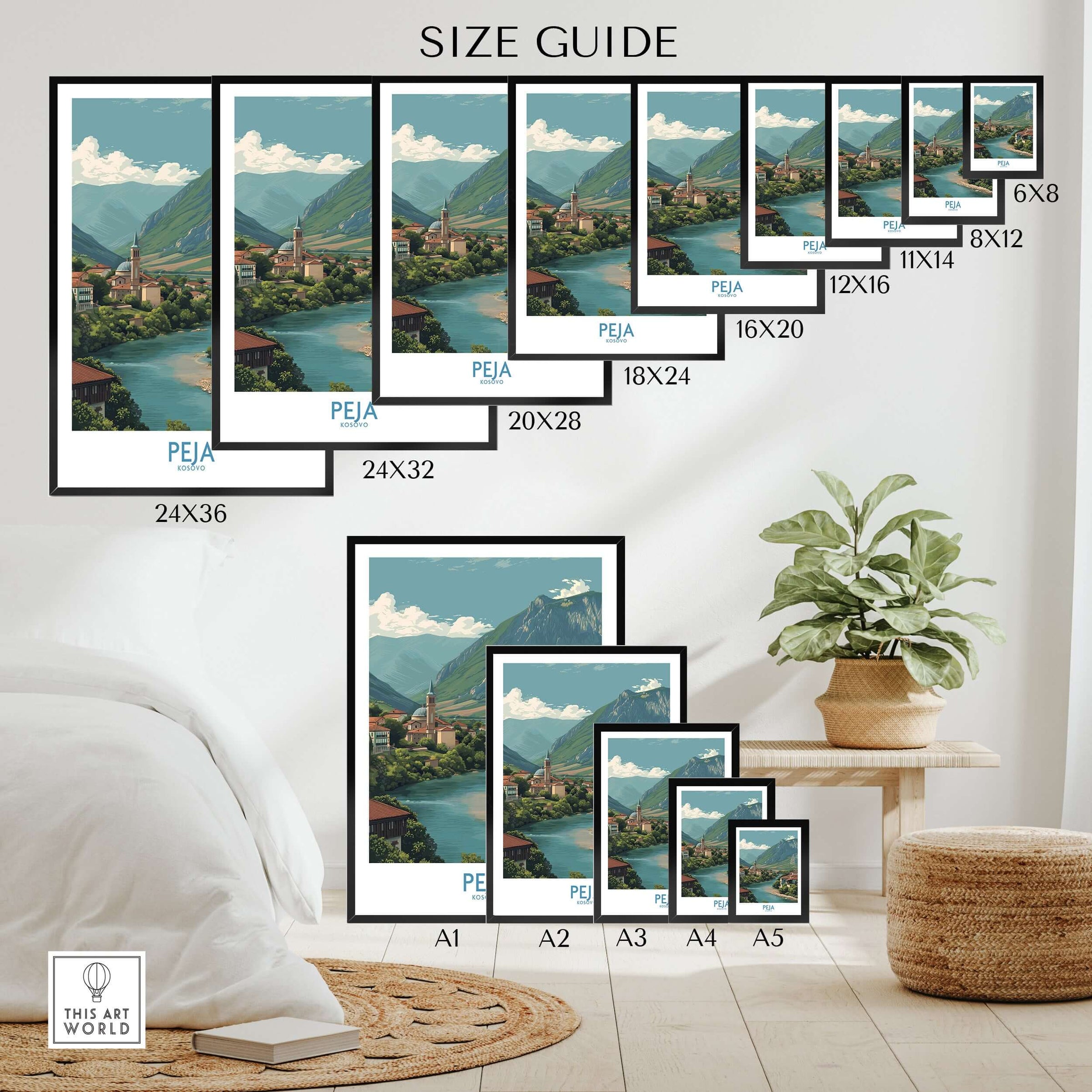 Peja Kosovo River Valley Art Print | Mountain Town Scenery Poster size guide with dimensions and displayed artwork.