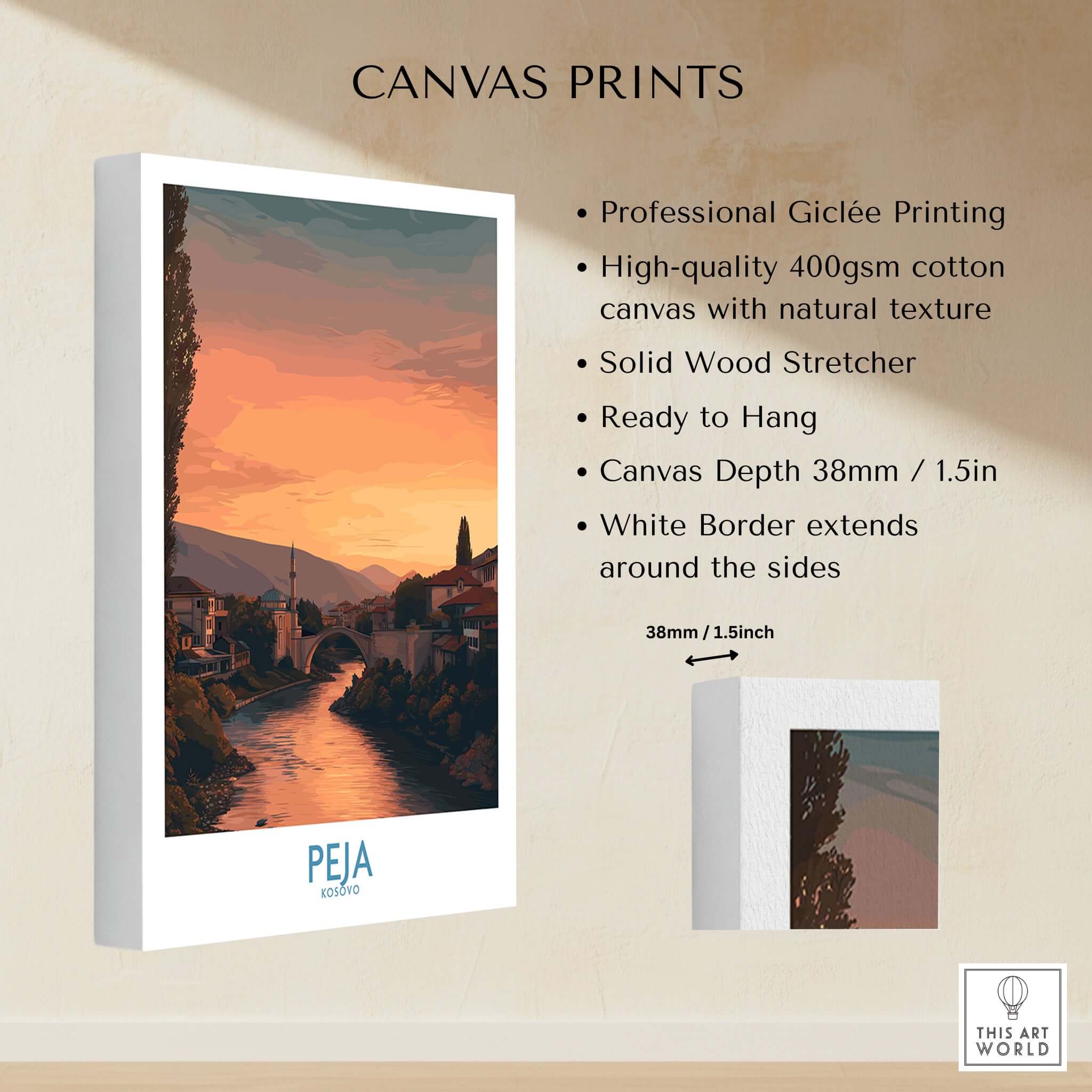 Peja Kosovo Sunset River Bridge Art Print | Mosque and Mountains Poster on high-quality canvas with professional printing.