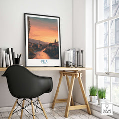 Peja Kosovo Sunset River Bridge Art Print | Mosque and Mountains Poster displayed in a modern office setting.