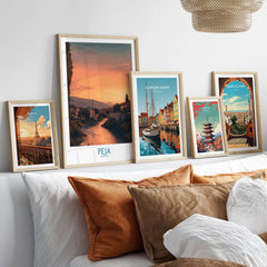 Peja Kosovo Sunset River Bridge Art Print | Mosque and Mountains Poster displayed in a cozy living room setting.