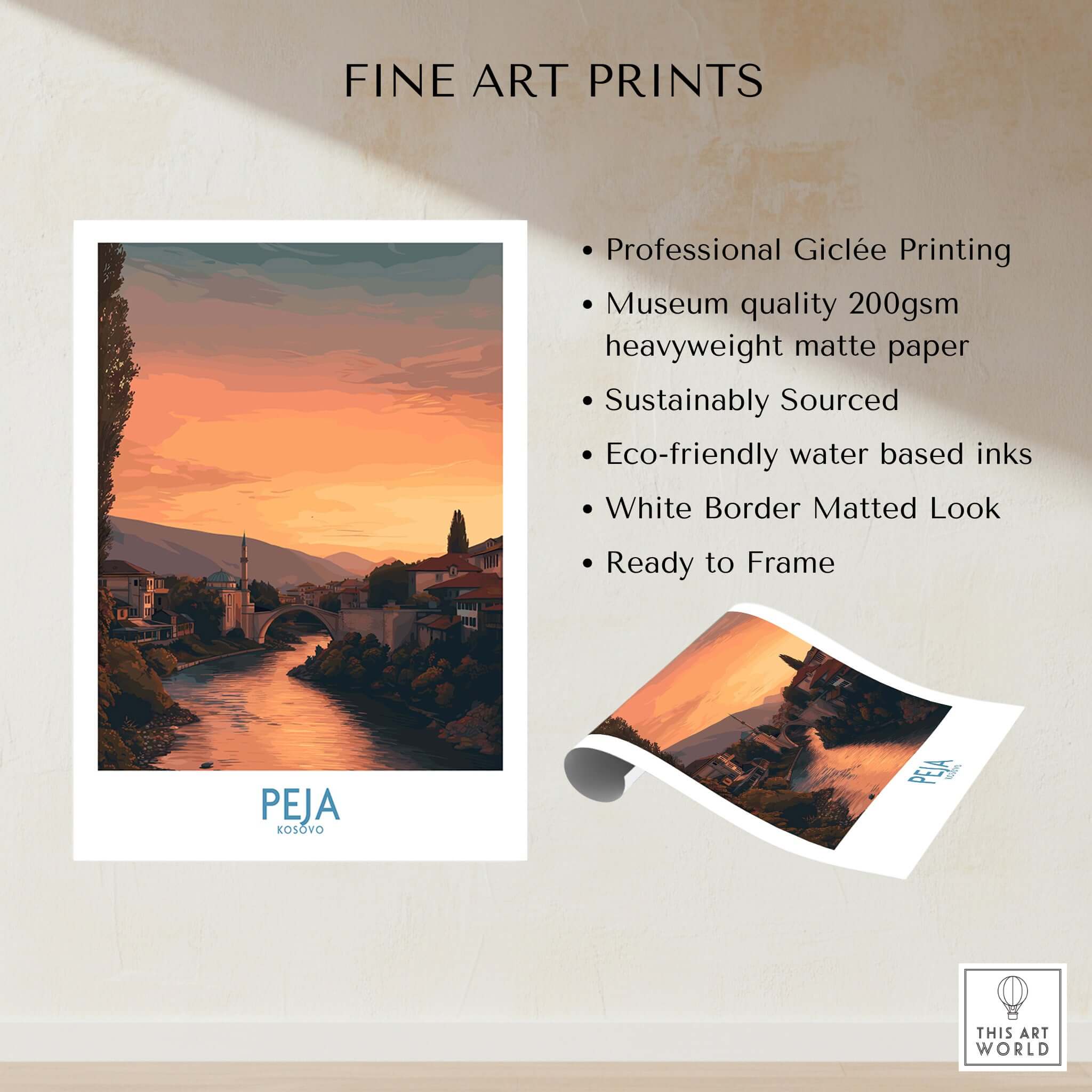 Peja Kosovo Sunset River Bridge Art Print | Mosque and Mountains Poster showcasing a serene sunset over the river and mountains.