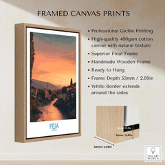 Peja Kosovo Sunset River Bridge Art Print | Mosque and Mountains Poster framed canvas print with natural texture.