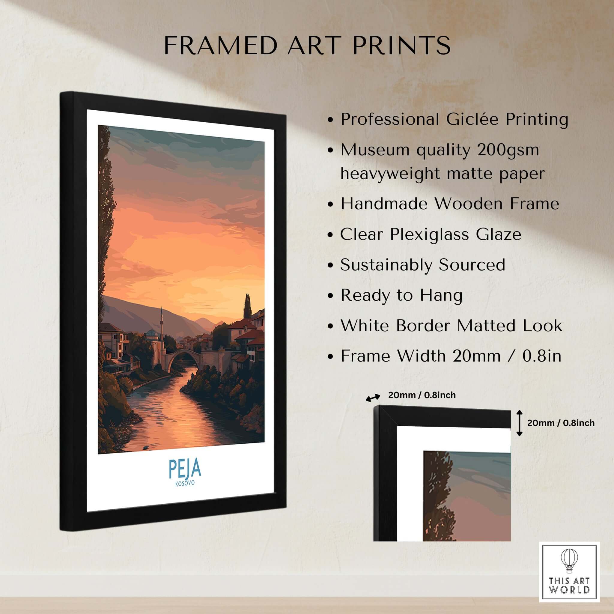 Peja Kosovo Sunset River Bridge Art Print | Mosque and Mountains Poster displayed in a framed art print format.