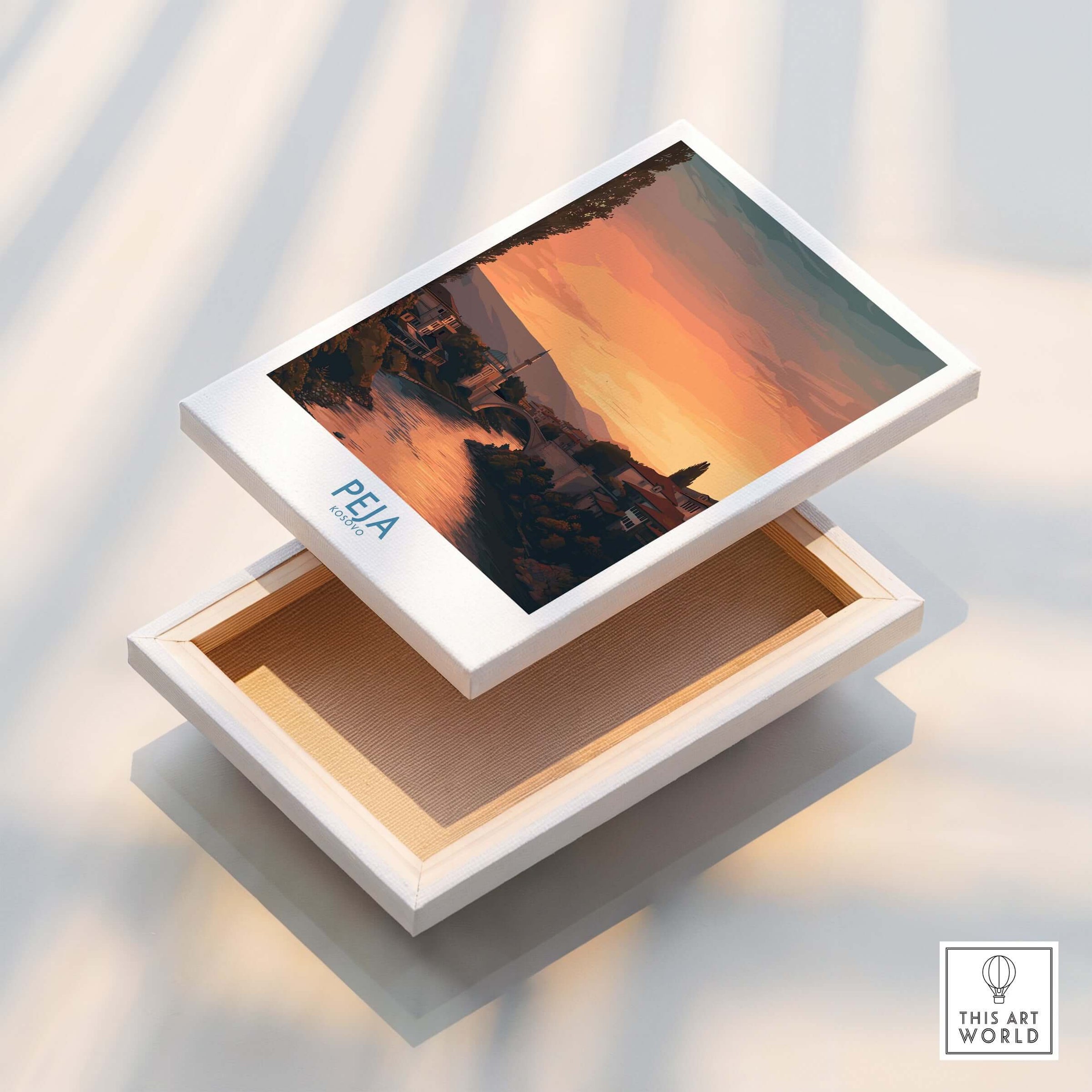 Peja Kosovo Sunset River Bridge Art Print | Mosque and Mountains Poster displayed in a decorative frame.