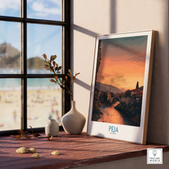 Peja Kosovo Sunset River Bridge Art Print | Mosque and Mountains Poster displayed in bright room with window view.