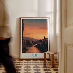 Peja Kosovo Sunset River Bridge Art Print | Mosque and Mountains Poster displayed in a stylish home interior.